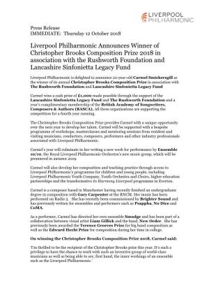 Liverpool Philharmonic Announces Winner of Christopher Brooks Composition Prize 2018 in Association with the Rushworth Foundatio