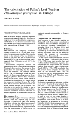 Tue Orientation of Pallas's Leaf Warbler Phylloscopus Proregulus in Europe