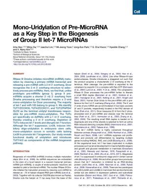 Mono-Uridylation of Pre-Microrna As a Key Step in the Biogenesis of Group II Let-7 Micrornas