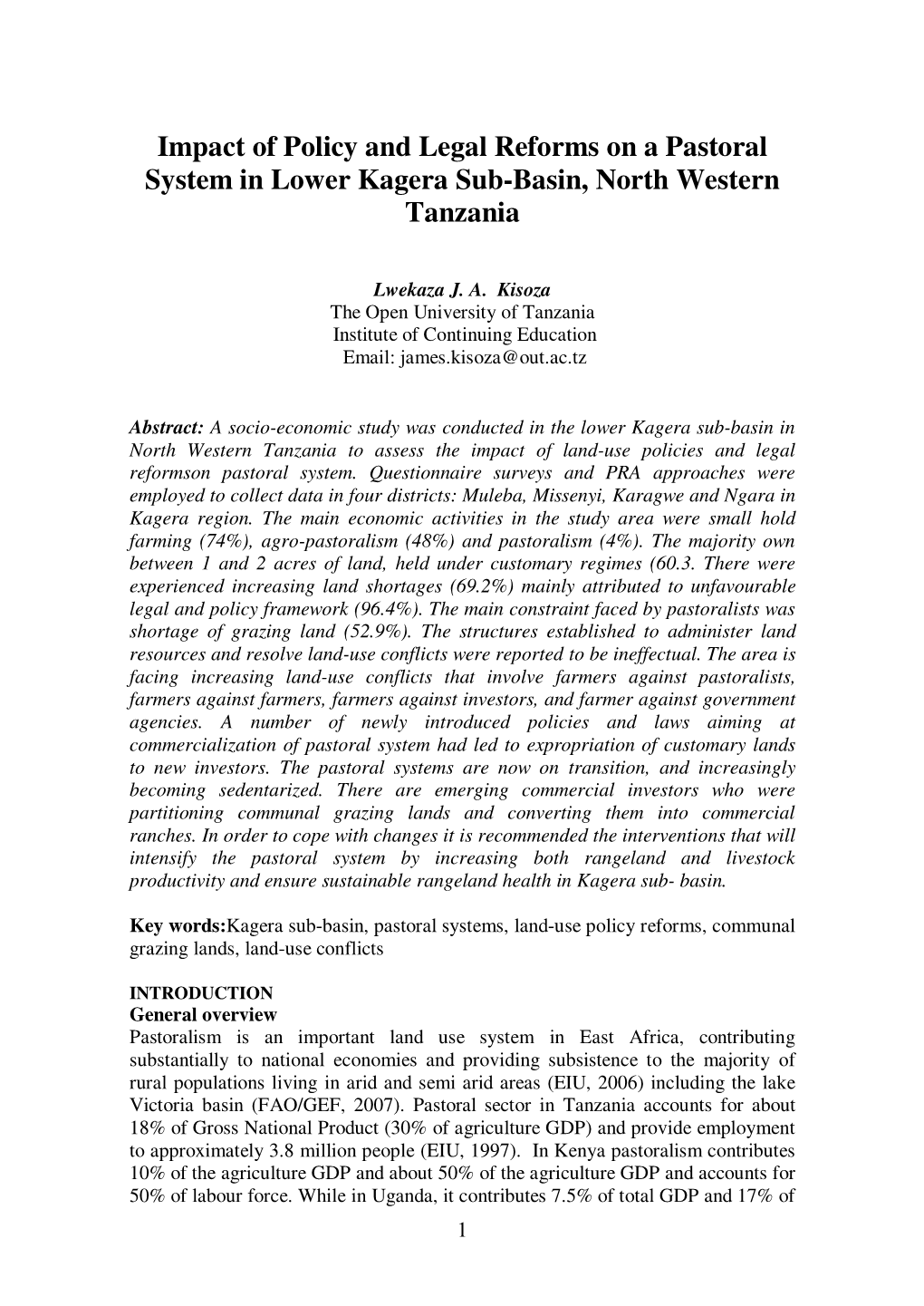 Impact of Policy and Legal Reforms on a Pastoral System in Lower Kagera Sub-Basin, North Western Tanzania