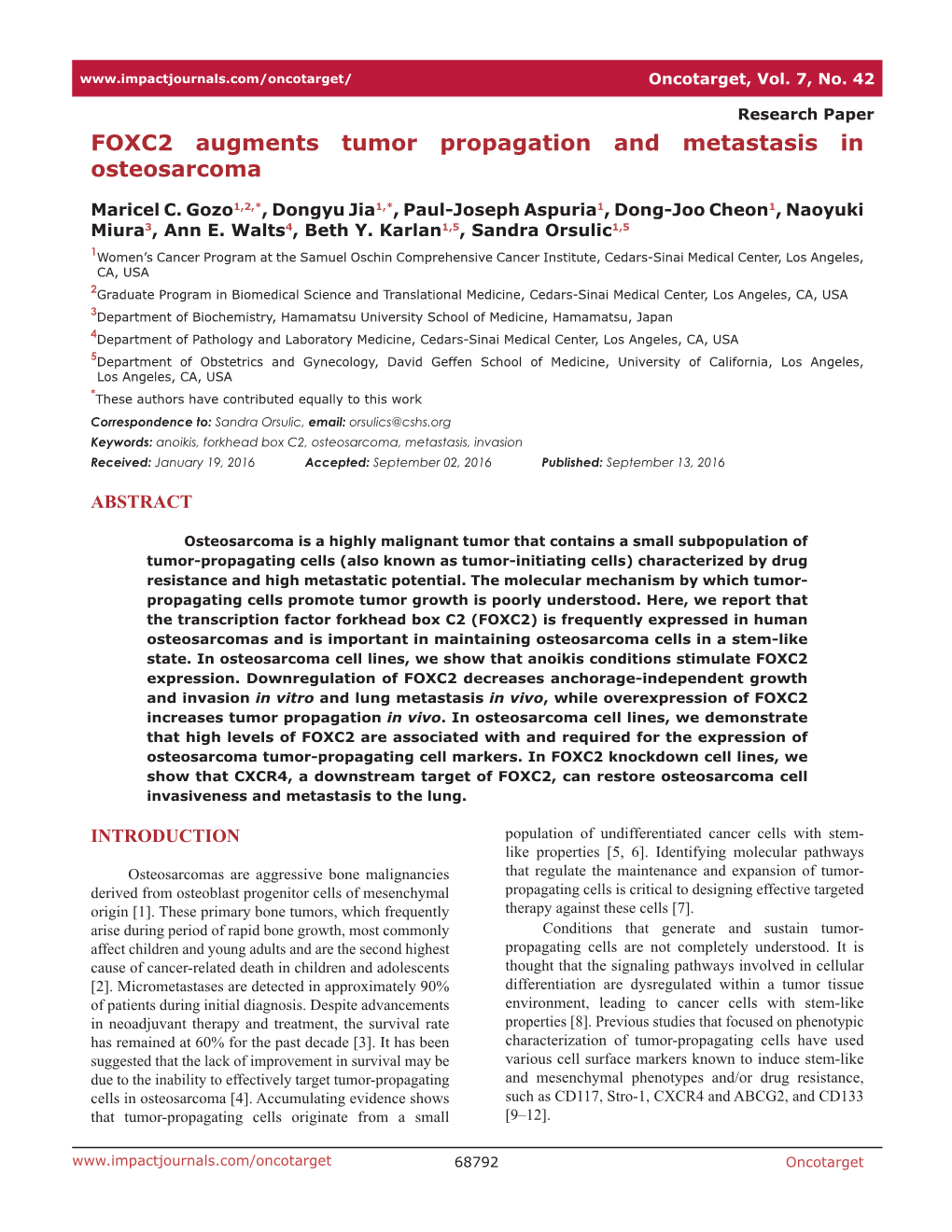 FOXC2 Augments Tumor Propagation and Metastasis in Osteosarcoma