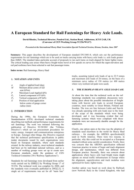 A European Standard for Rail Fastenings for Heavy Axle Loads