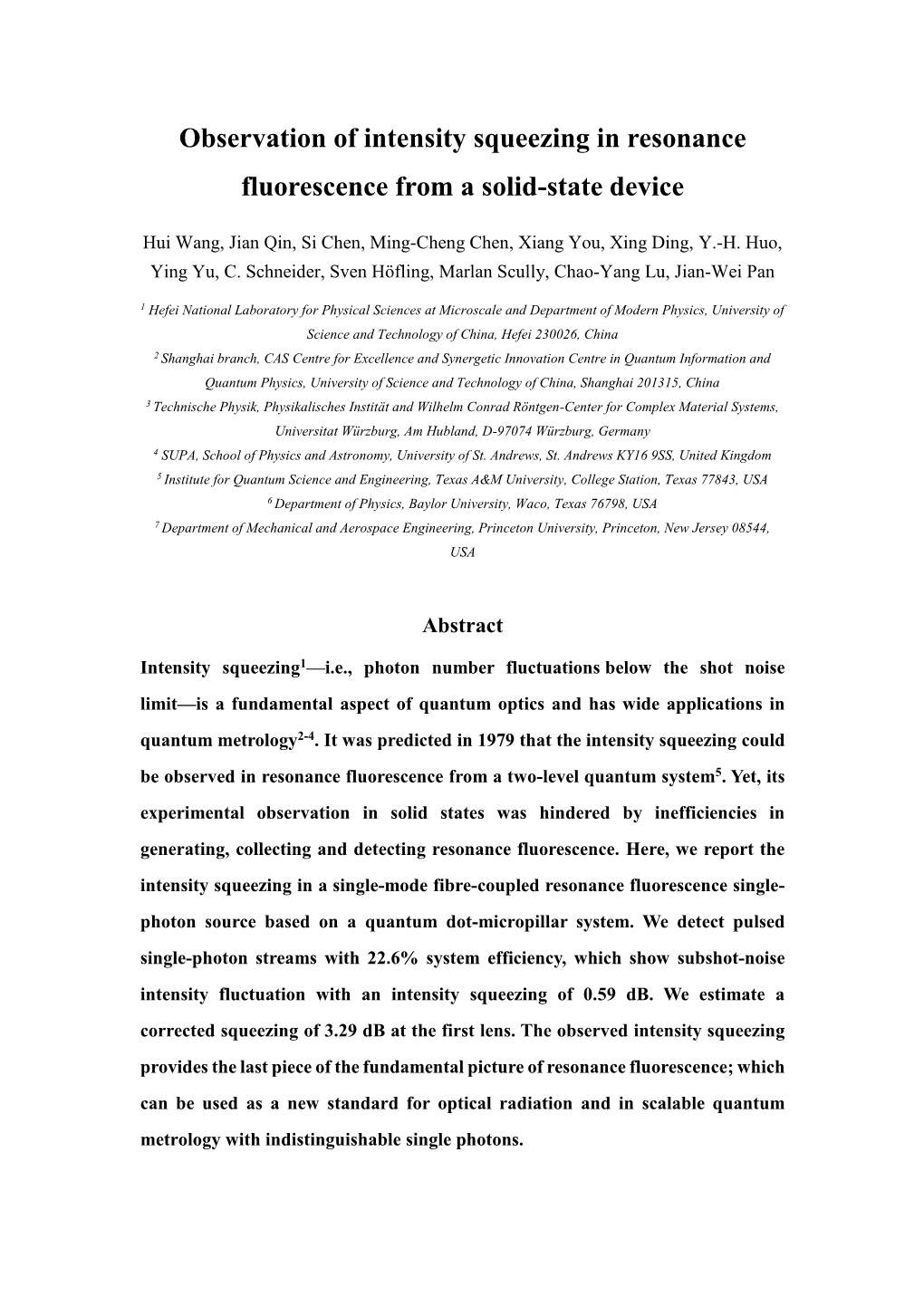 Observation of Intensity Squeezing in Resonance Fluorescence from a Solid-State Device