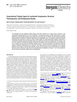 Unsymmetrical Tripodal Ligand for Lanthanide Complexation: Structural, Thermodynamic, and Photophysical Studies