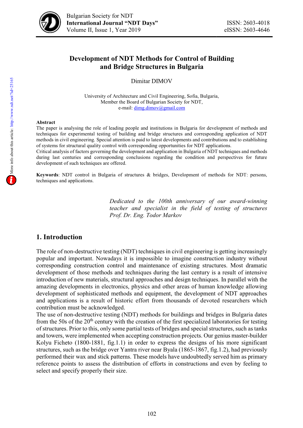 Development of NDT Methods for Control of Building and Bridge Structures in Bulgaria