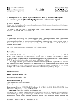 A New Species of the Genus Pagurus Fabricius, 1775 (Crustacea: Decapoda: Anomura: Paguridae) from the Ryukyu Islands, Southwestern Japan*