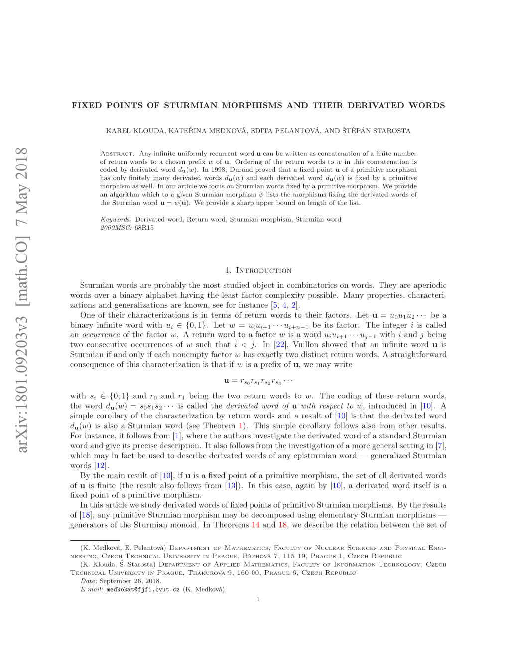 Fixed Points of Sturmian Morphisms and Their Derivated Words