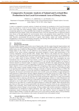 Comparative Economic Analysis of Upland and Lowland Rice Production in Izzi Local Government Area of Ebonyi State