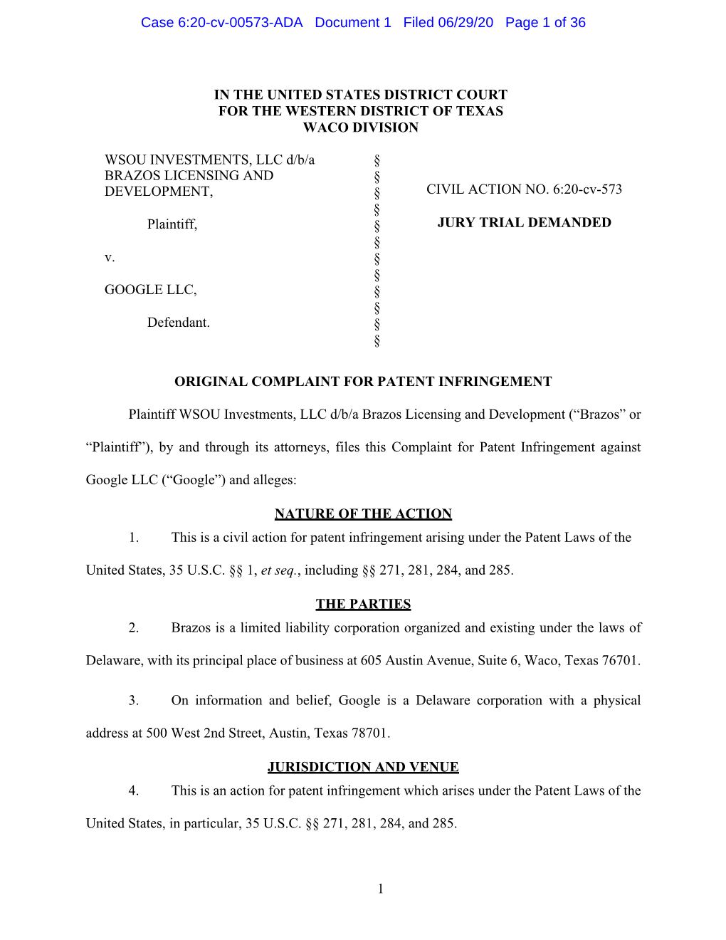 Case 6:20-Cv-00573-ADA Document 1 Filed 06/29/20 Page 1 of 36