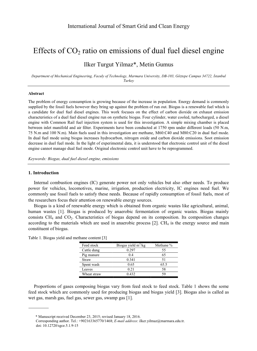 Effects of CO2 Ratio on Emissions of Dual Fuel Diesel Engine Ilker Turgut Yilmaz*, Metin Gumus
