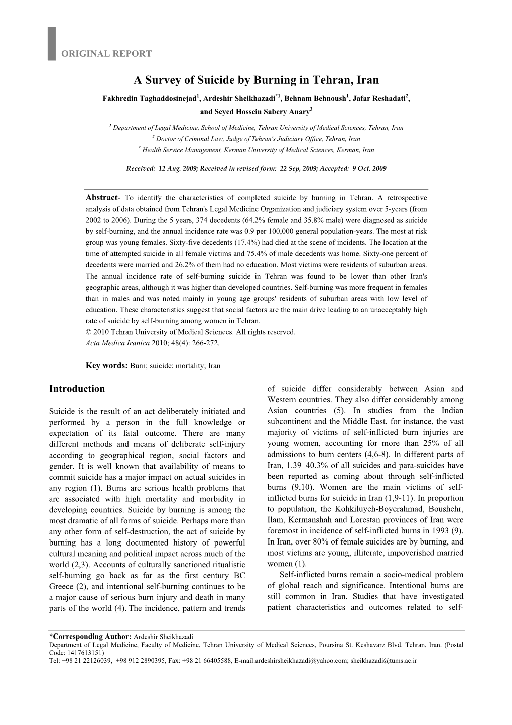 A Survey of Suicide by Burning in Tehran, Iran