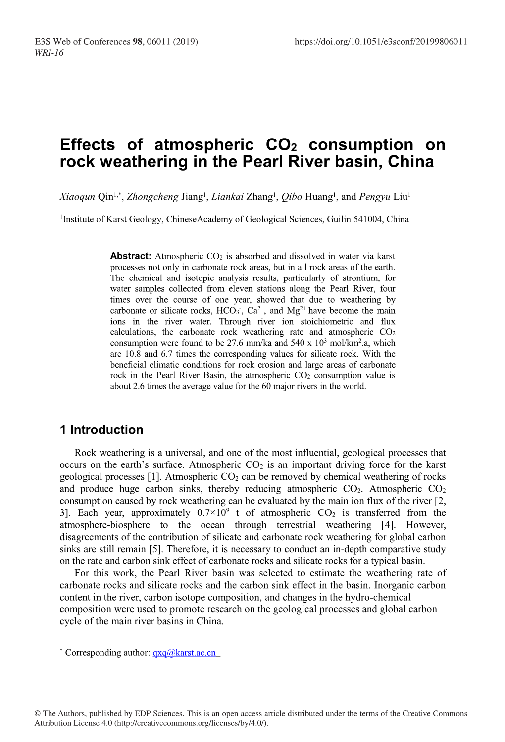 Effects of Atmospheric CO2 Consumption on Rock Weathering in the Pearl River Basin, China