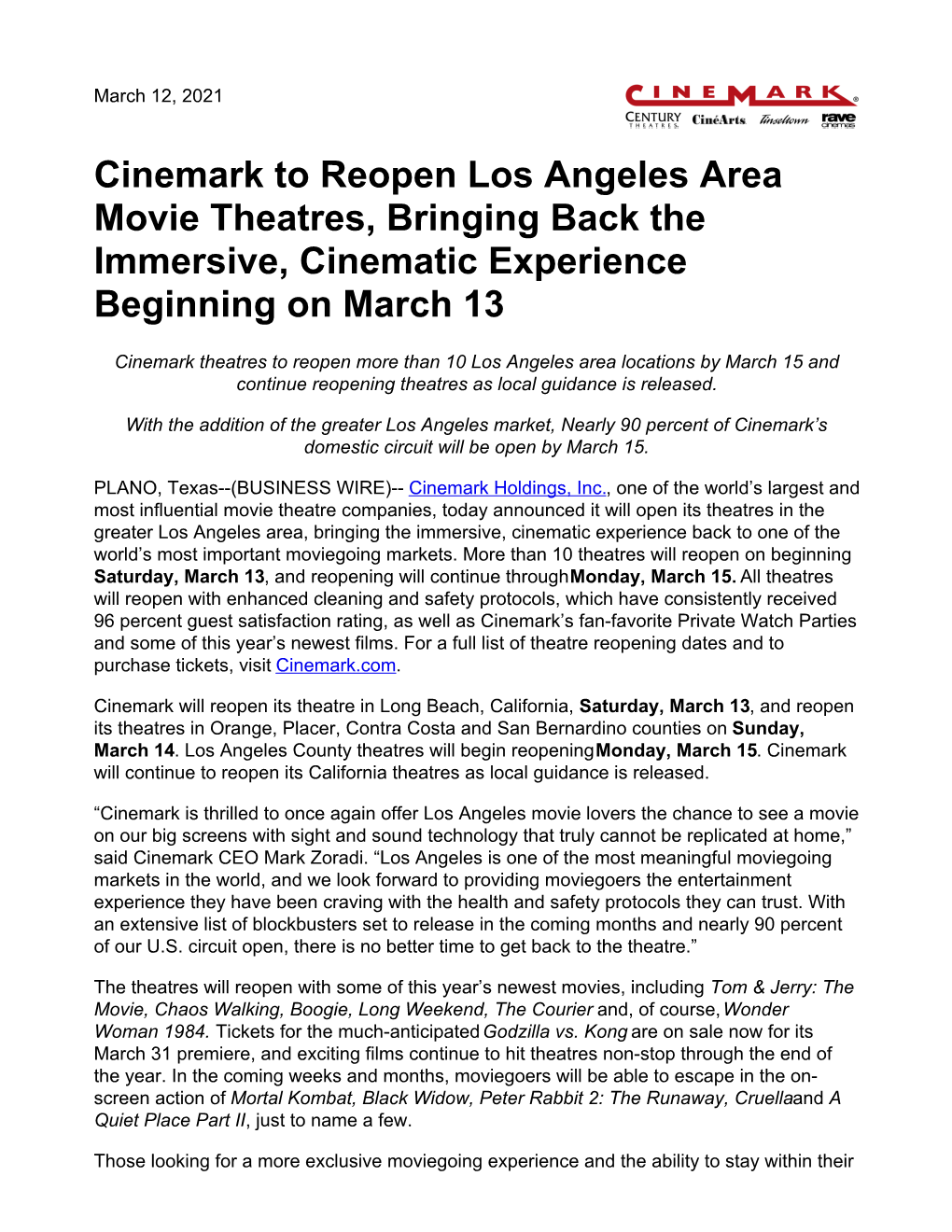 Cinemark to Reopen Los Angeles Area Movie Theatres, Bringing Back the Immersive, Cinematic Experience Beginning on March 13
