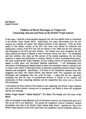 Citizenship, Descent and Place in the British Virgin Islands