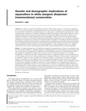 Genetic and Demographic Implications of Aquaculture in White Sturgeon (Acipenser Transmontanus) Conservation