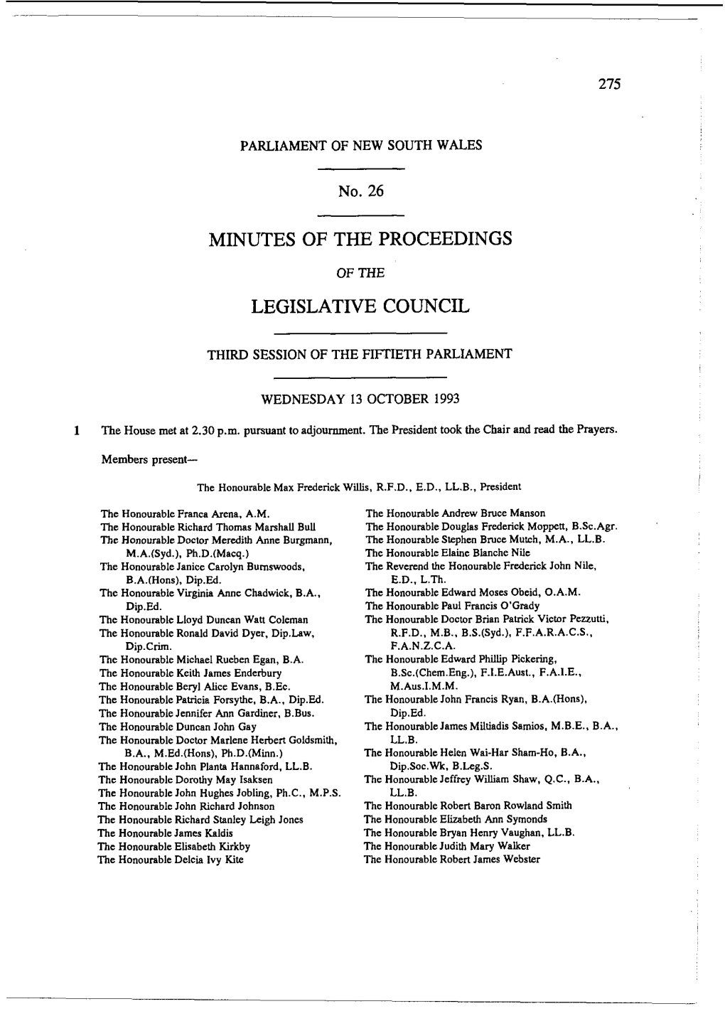 Minutes of the Proceedings Legislative