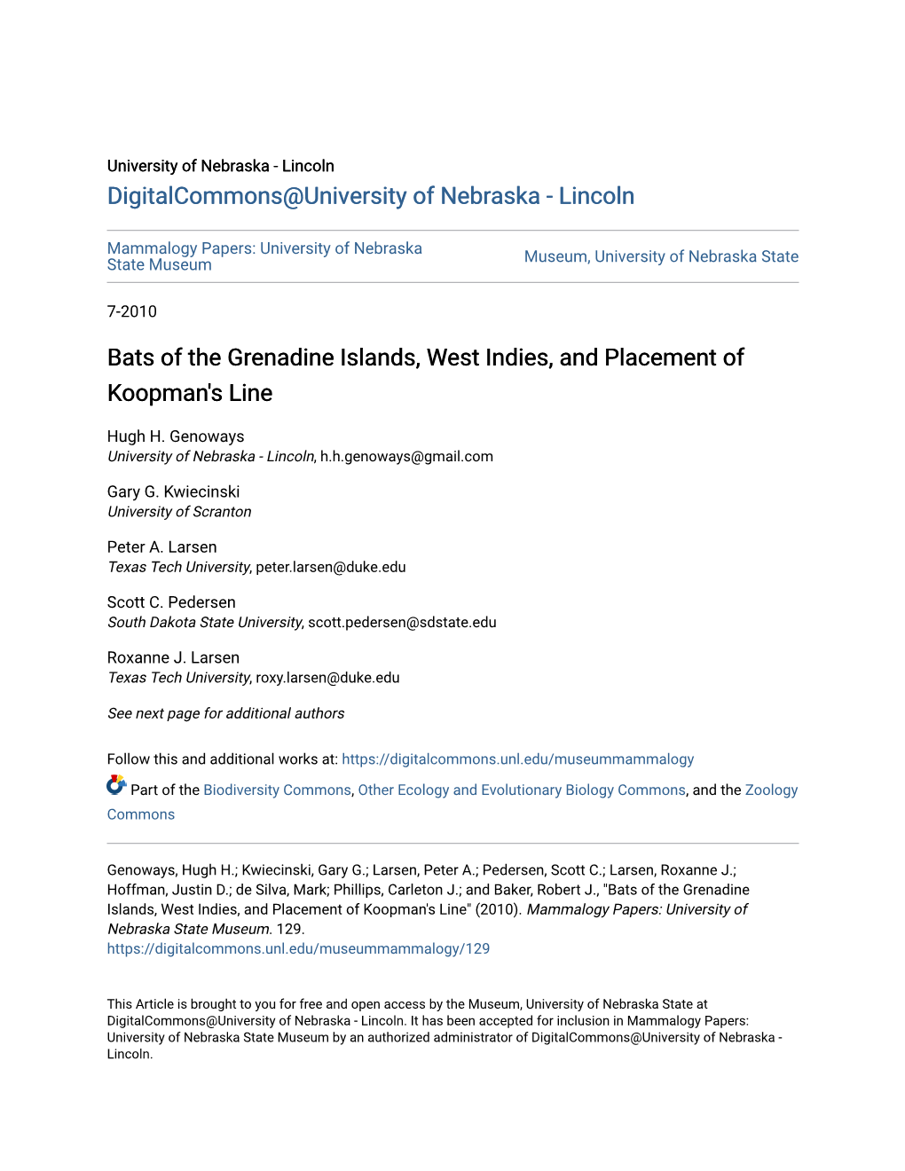 Bats of the Grenadine Islands, West Indies, and Placement of Koopman's Line