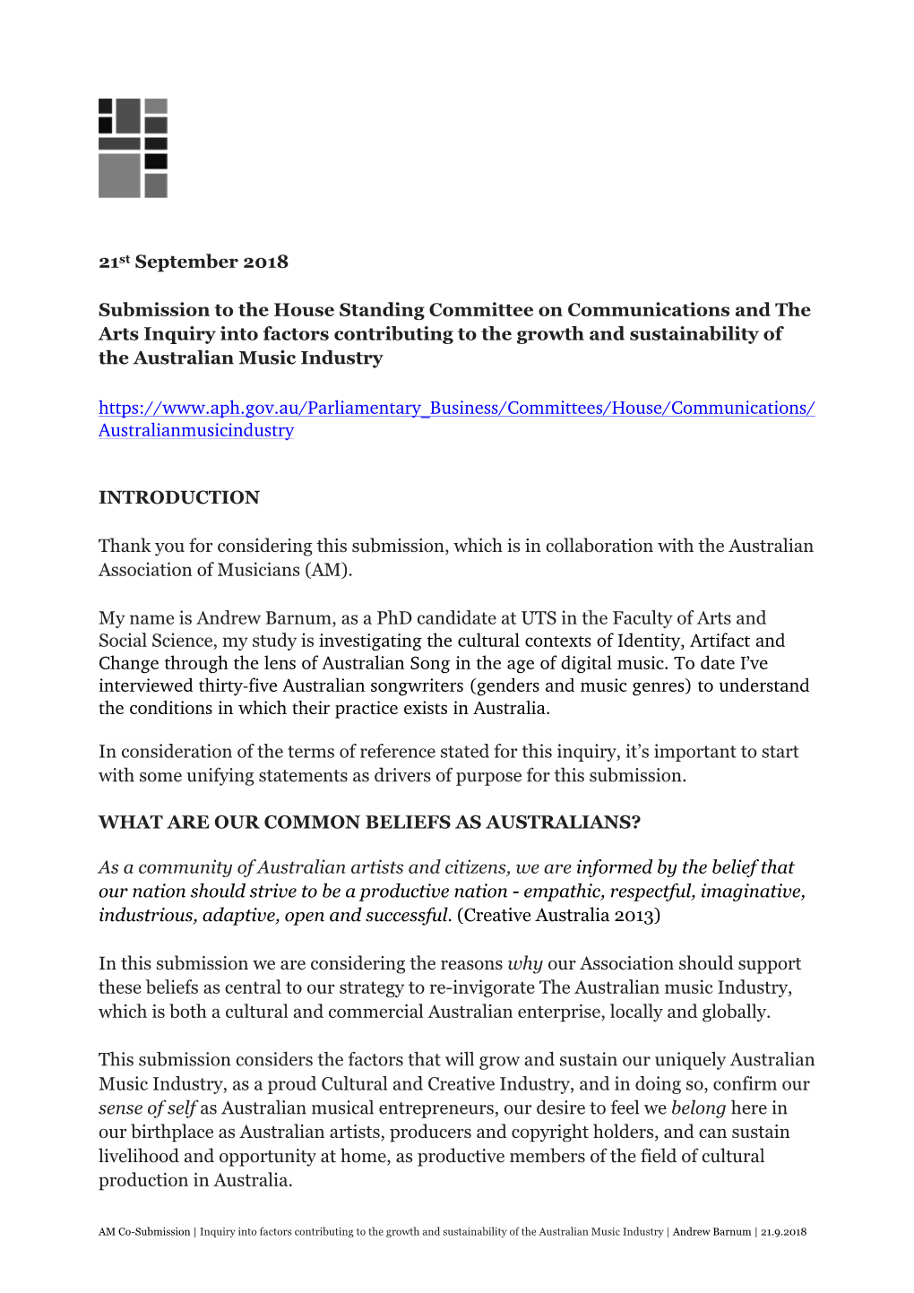 21St September 2018 Submission to the House Standing Committee on Communications and the Arts Inquiry Into Factors Contributing