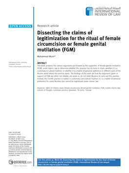 Dissecting the Claims of Legitimization for the Ritual of Female Circumcision Or Female Genital Mutilation (FGM)