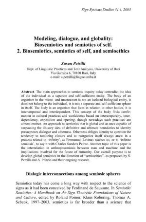 Modeling, Dialogue, and Globality: Biosemiotics and Semiotics of Self. 2