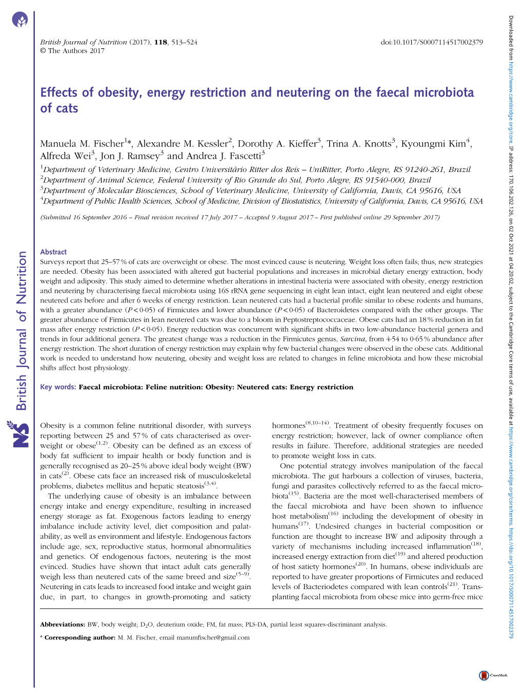 Effects of Obesity, Energy Restriction and Neutering on the Faecal Microbiota of Cats