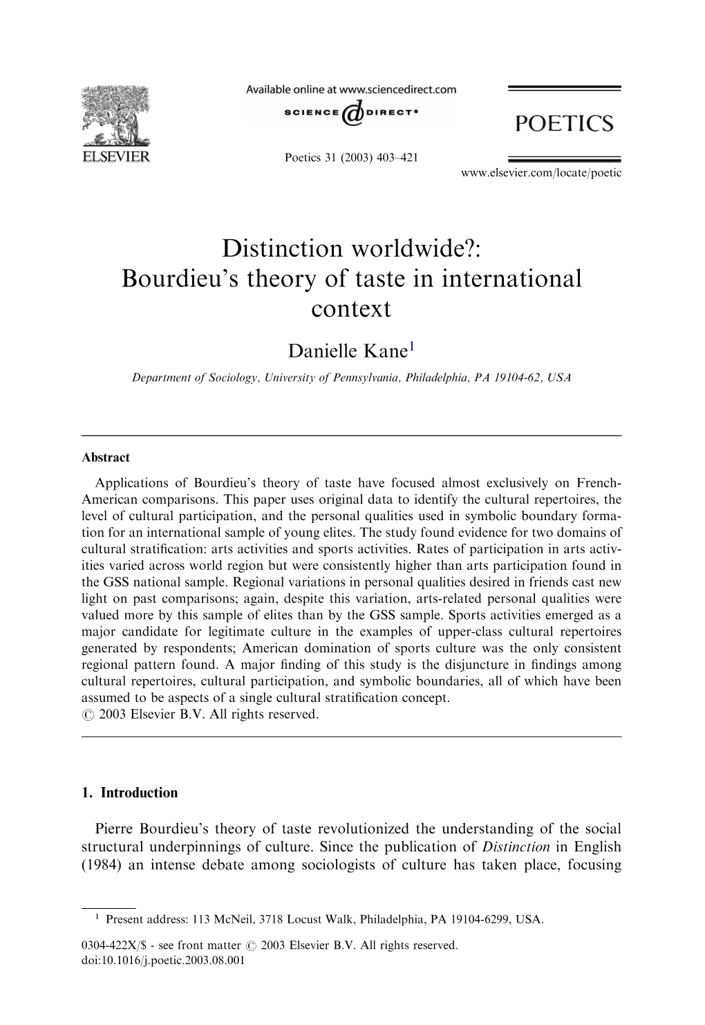 Distinction Worldwide?: Bourdieu's Theory of Taste in International Context