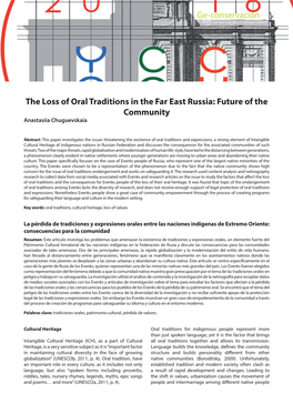 The Loss of Oral Traditions in the Far East Russia: Future of the Community Anastasiia Chuguevskaia