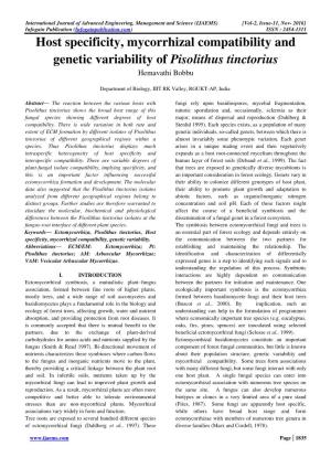 Host Specificity, Mycorrhizal Compatibility and Genetic Variability of Pisolithus Tinctorius Hemavathi Bobbu