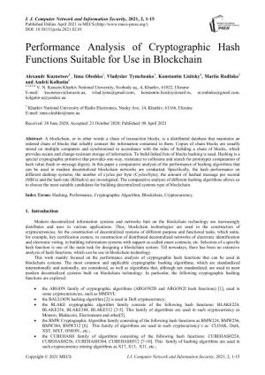 Performance Analysis of Cryptographic Hash Functions Suitable for Use in Blockchain