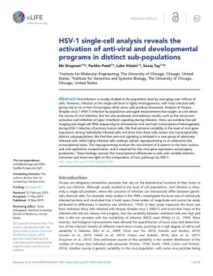 HSV-1 Single-Cell Analysis Reveals the Activation of Anti-Viral And