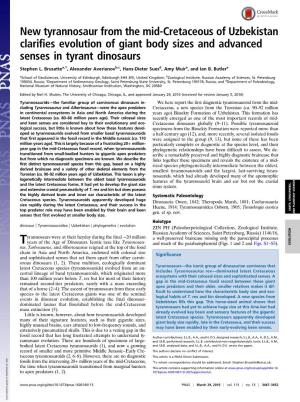 New Tyrannosaur from the Mid-Cretaceous of Uzbekistan Clarifies Evolution of Giant Body Sizes and Advanced Senses in Tyrant Dinosaurs