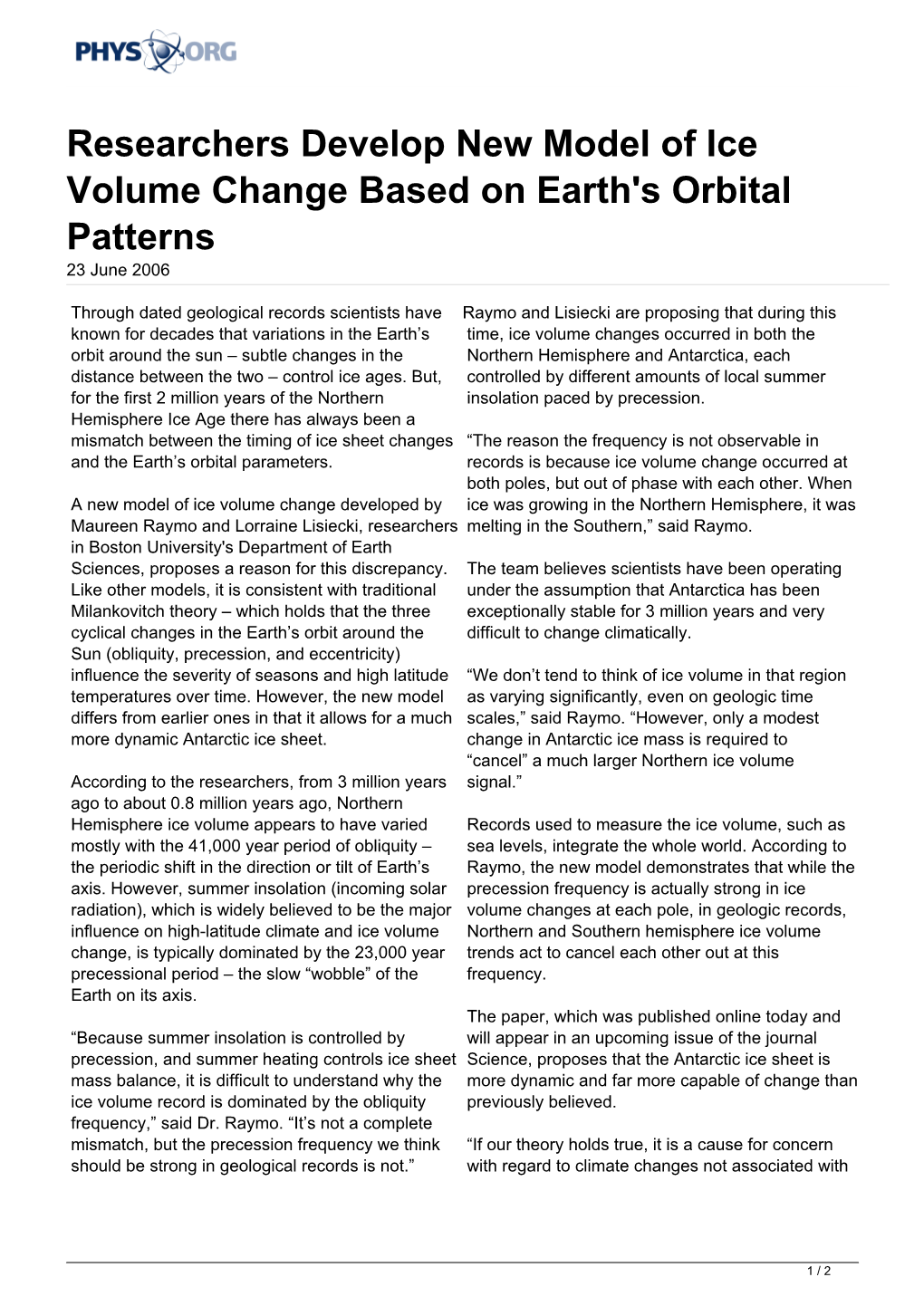 Researchers Develop New Model of Ice Volume Change Based on Earth's Orbital Patterns 23 June 2006