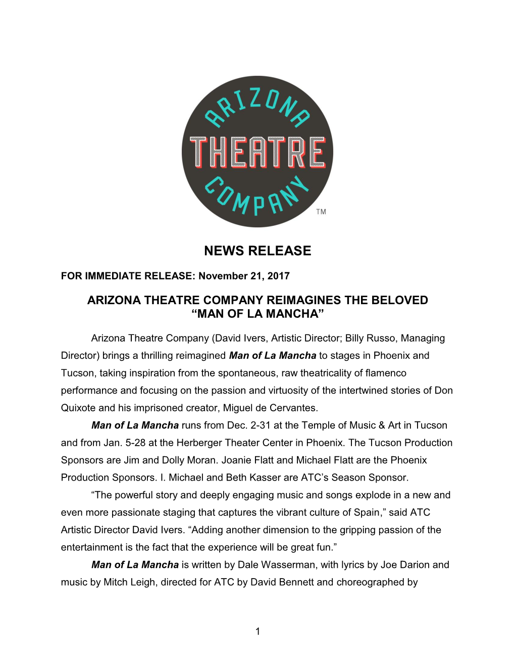 11.21.17 Man of La Mancha News Release