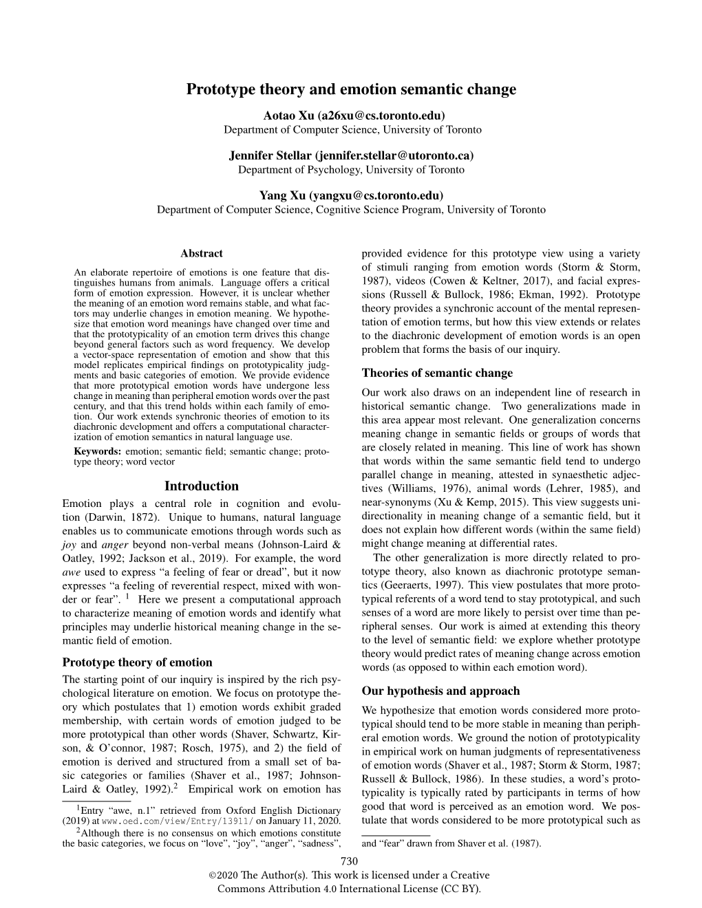 Prototype Theory and Emotion Semantic Change Aotao Xu (A26xu@Cs.Toronto.Edu) Department of Computer Science, University of Toronto