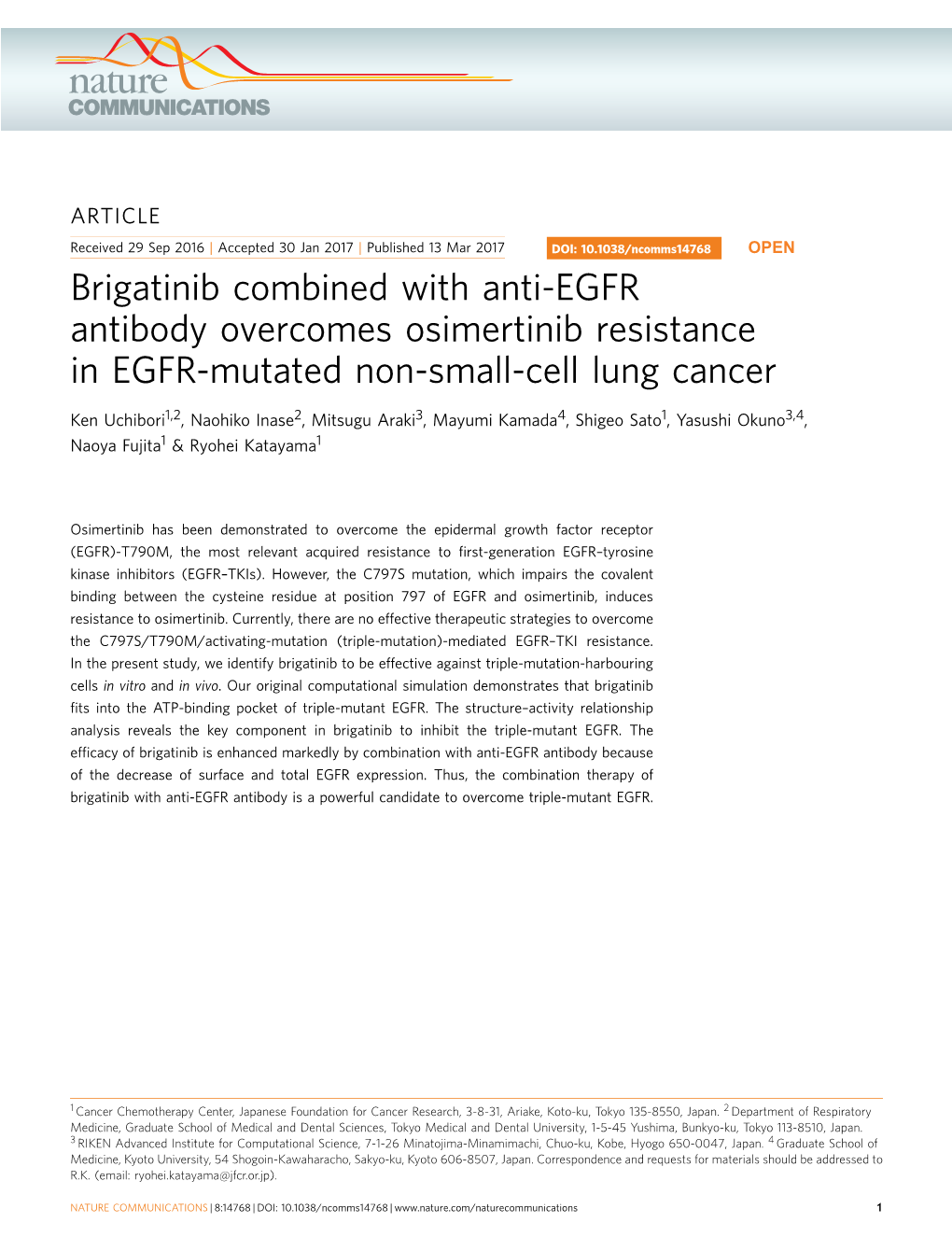 Brigatinib Combined with Anti-EGFR Antibody Overcomes Osimertinib Resistance in EGFR-Mutated Non-Small-Cell Lung Cancer