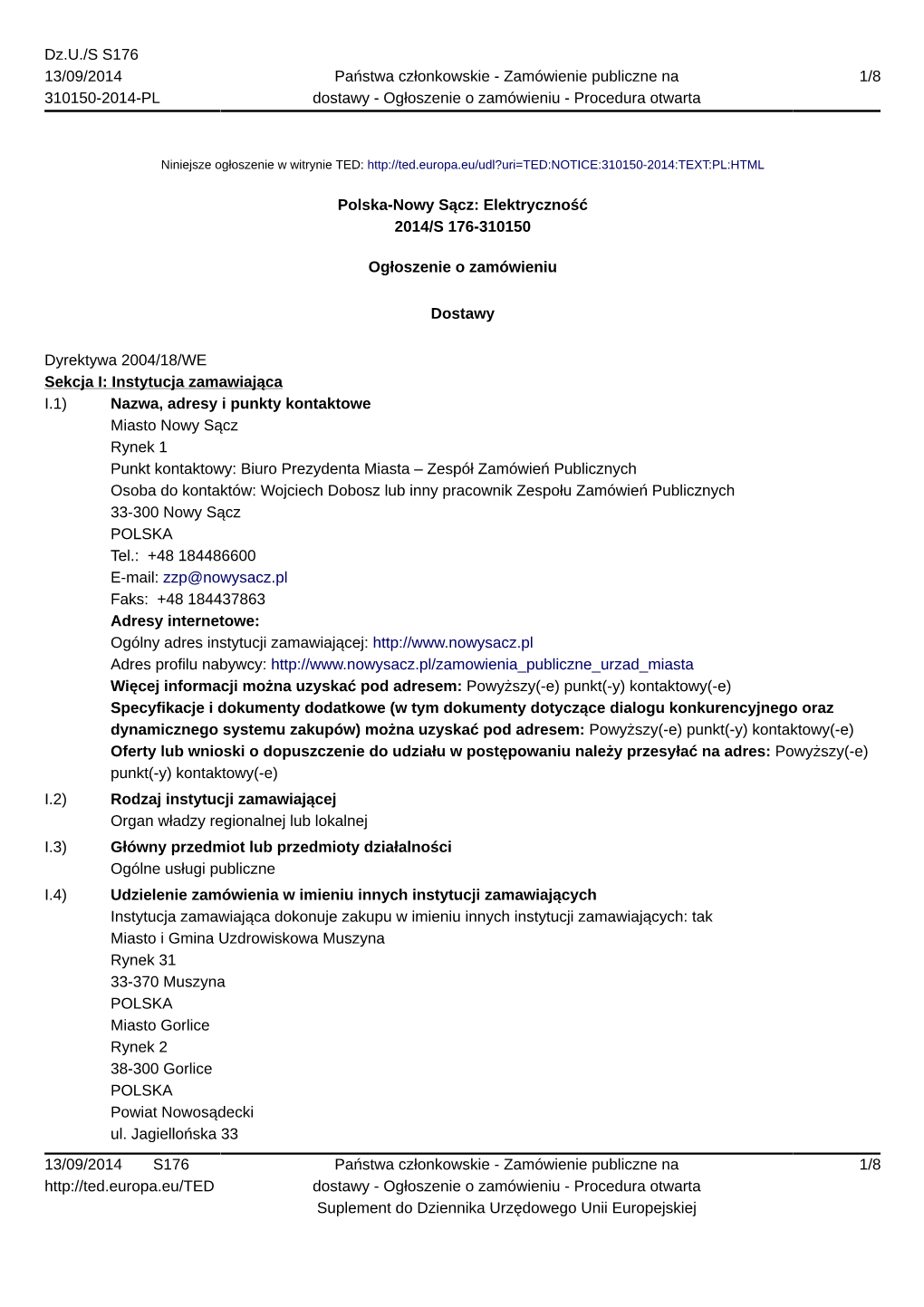 Polska-Nowy Sącz: Elektryczność 2014/S 176-310150