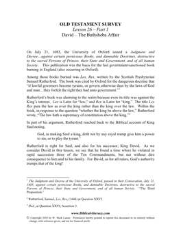 OLD TESTAMENT SURVEY Lesson 26 – Part 1 David – the Bathsheba Affair