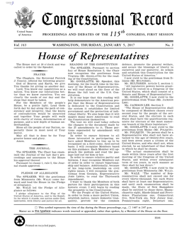 Congressional Record United States Th of America PROCEEDINGS and DEBATES of the 115 CONGRESS, FIRST SESSION