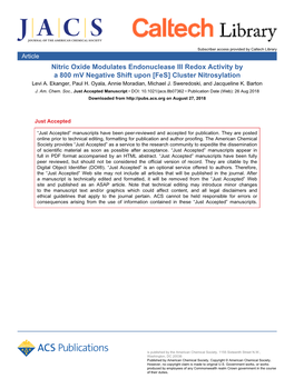 Nitric Oxide Modulates Endonuclease III Redox Activity by a 800 Mv Negative Shift Upon [Fe4s4] Cluster Nitrosylation Levi A