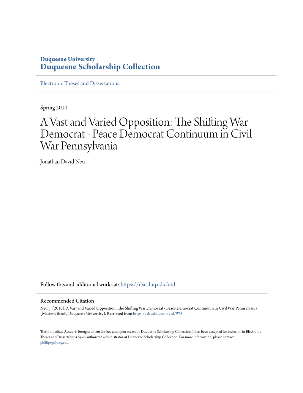 Peace Democrat Continuum in Civil War Pennsylvania Jonathan David Neu