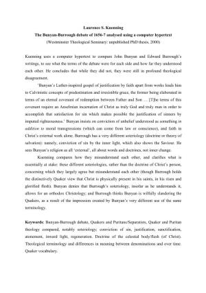Laurence S. Kuenning the Bunyan-Burrough Debate of 1656-7 Analysed Using a Computer Hypertext (Westminster Theological Seminary: Unpublished Phd Thesis, 2000)