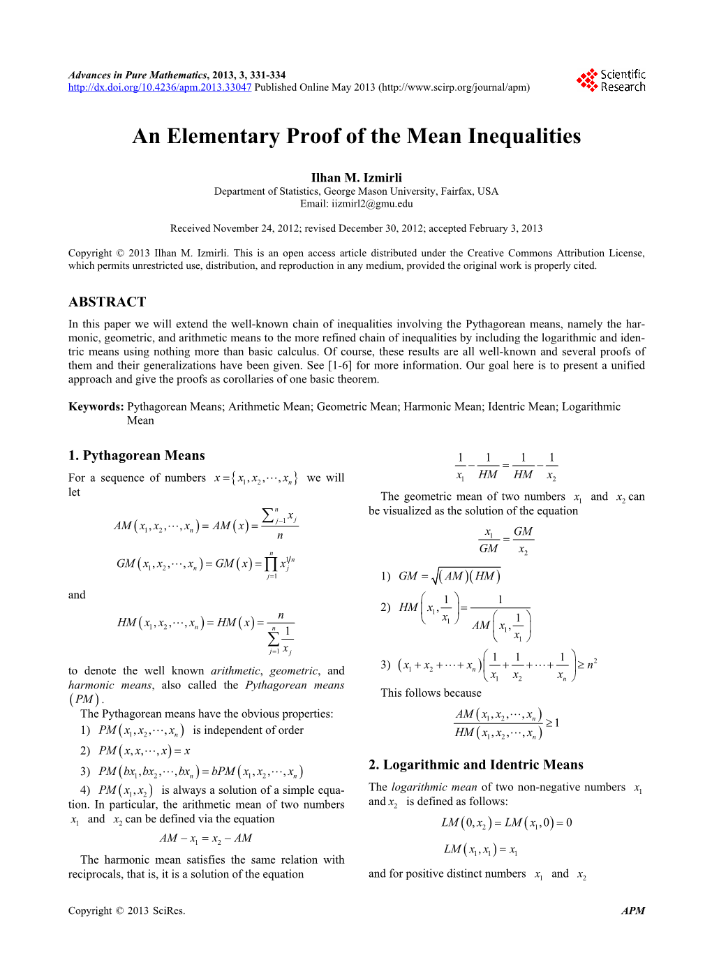 An Elementary Proof of the Mean Inequalities