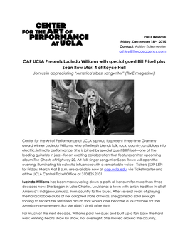 CAP UCLA Presents Lucinda Williams with Special Guest Bill Frisell Plus Sean Row Mar
