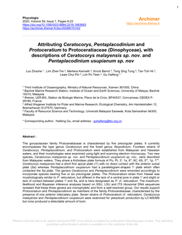 Attributing Ceratocorys, Pentaplacodinium and Protoceratium to Protoceratiaceae (Dinophyceae), with Descriptions of Ceratocorys Malayensis Sp