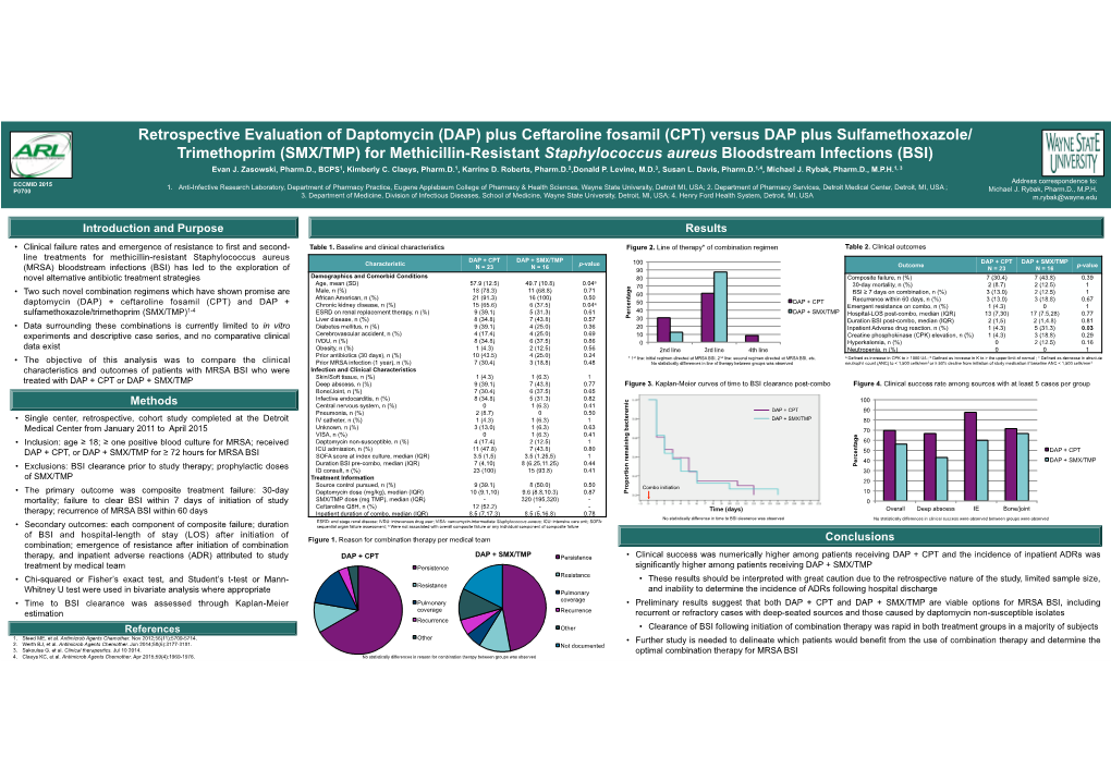 Ceftaroline Fosamil (CPT) Versus DAP Plus Sulfamethoxazole/ Trimethoprim (SMX/TMP) for Methicillin-Resistant Staphylococcus Aureus Bloodstream Infections (BSI) Evan J