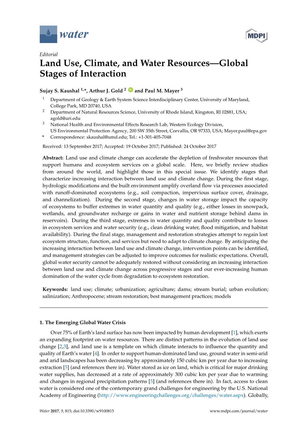 Land Use, Climate, and Water Resources—Global Stages of Interaction