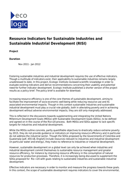 Resource Indicators for Sustainable Industries and Sustainable Industrial Development (RISI)