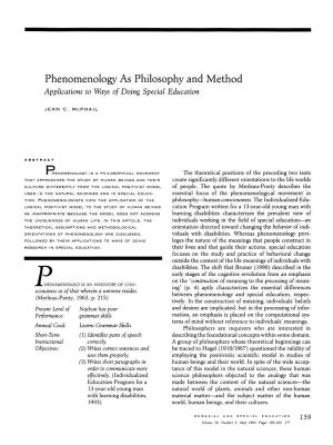 Phenomenology As Philosophy and Method Applications to Ways of Doing Special Education
