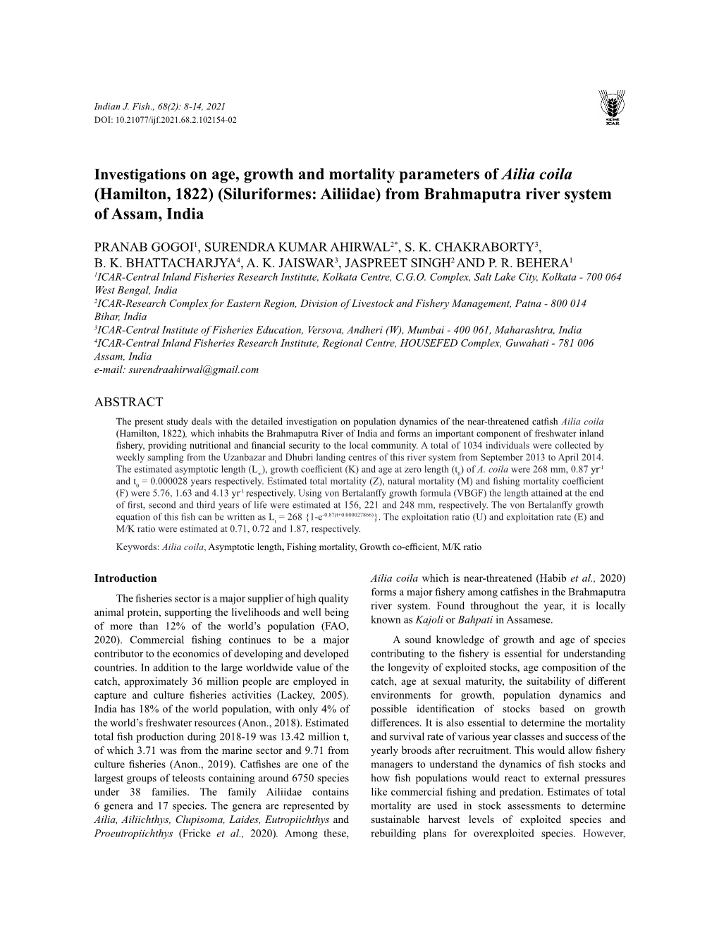 Investigations on Age, Growth and Mortality Parameters of Ailia Coila (Hamilton, 1822) (Siluriformes: Ailiidae) from Brahmaputra River System of Assam, India