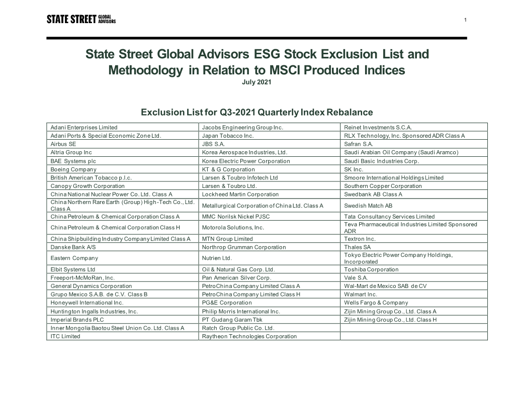State Street Global Advisors ESG Stock Exclusion List and Methodology in Relation to MSCI Produced Indices July 2021